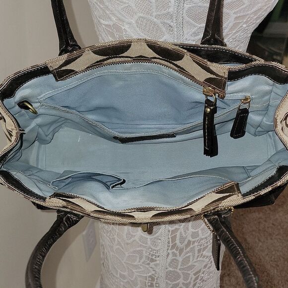 Vtg Coach Signature Shoulder Tote Purse Pockets Pouches Twist Lock Blue Interior - Picture 10 of 16